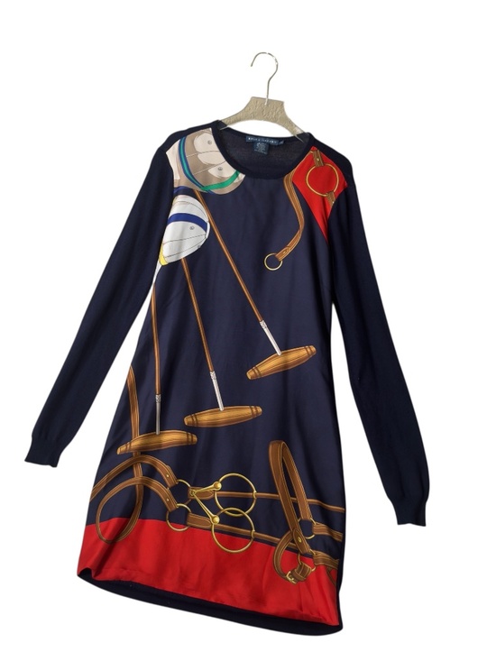 Ralph Lauren Equestrian Silk Front/ Viscose Knitted Blue ShirtDress Size Small - Picture 1 of 11